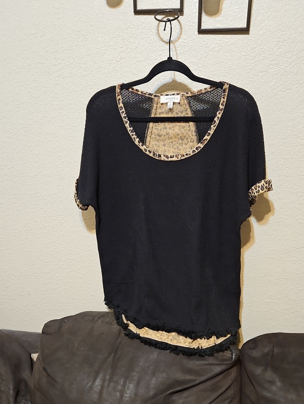 Umgee Black Short Sleeve Top with Leopard Trim
